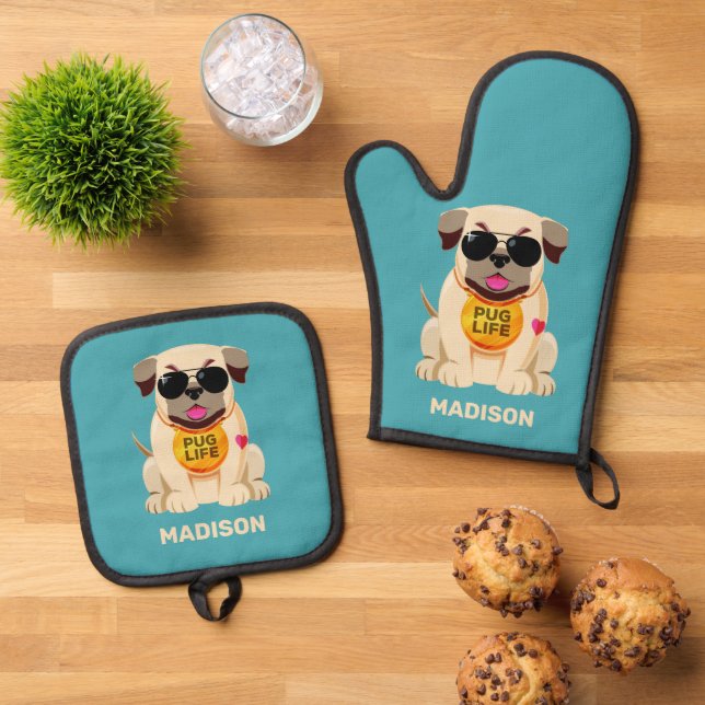 Pug Life custom name & colour Oven Mitt & Pot Holder Set (Top Down)