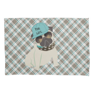 Pug Life Dog in Cap Bandana Shades Plaid Pillowcase