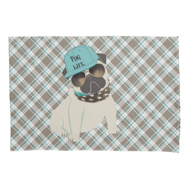 Pug Life Dog in Cap Bandana Shades Plaid Pillowcase (Front)