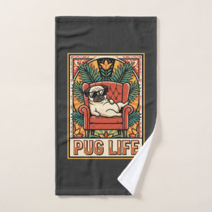 Pug Life Retro Folk Art Dog Hand Towel