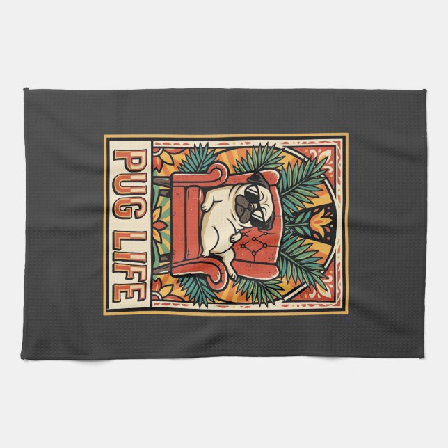 Pug Life Retro Folk Art Dog Kitchen Towel (Horizontal)