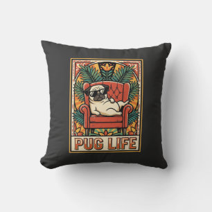 Pug Life Retro Folk Art Dog Throw Pillow