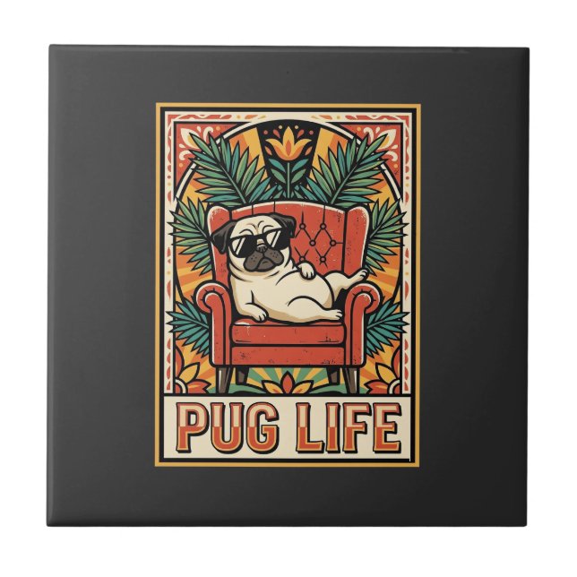 Pug Life Retro Folk Art Dog Tile (Front)