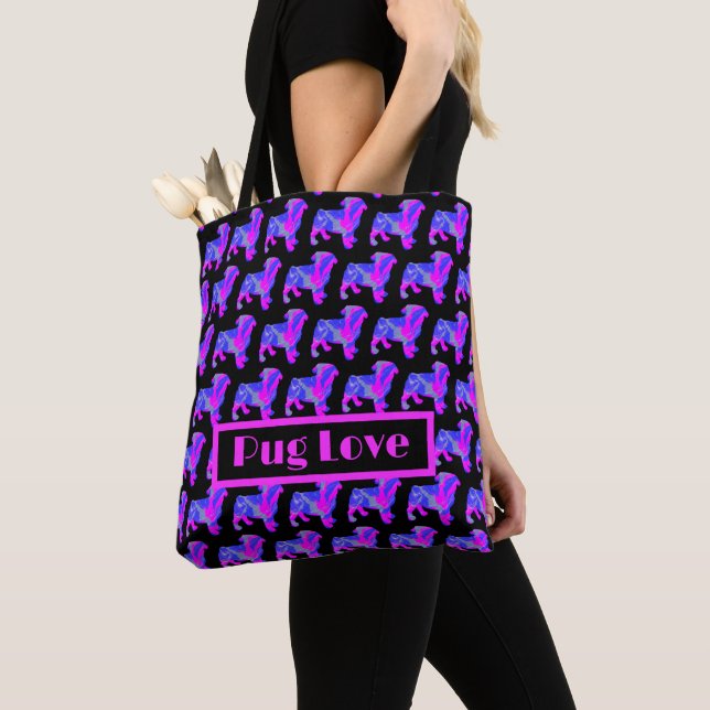 Pug Love Dog Cute Pink Blue Silhouette Monogram Tote Bag (Close Up)
