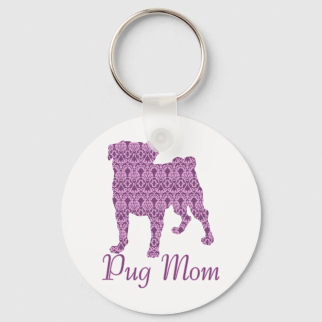 Pug Lover Pink Vintage Damask Keychain (Front)