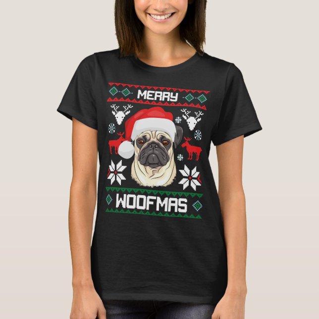 Pug Merry Woofmas Christmas T-Shirt Gift (Front)