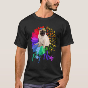 Pug Mom A Half Sunflower Pug Dog  Mother's Day T-Shirt