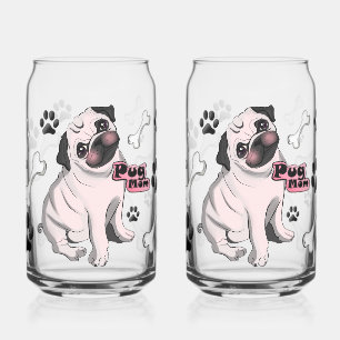 Pug Mom – Dog Lover with Hearts & Bones Can Glass