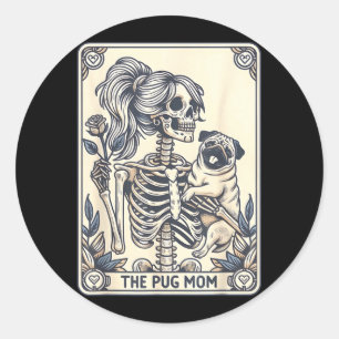 Pug Mom Tarot Card Skeleton Pug Mom Halloween Dog Classic Round Sticker