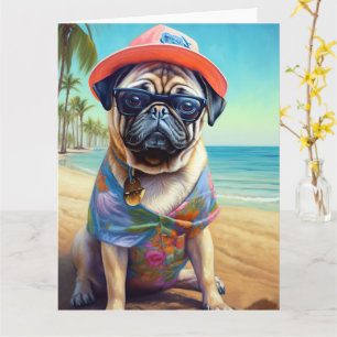 Pug on Beach, summer gift for dog lover  Card