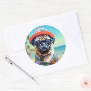 Pug on Beach, summer gift for dog lover  Classic Round Sticker
