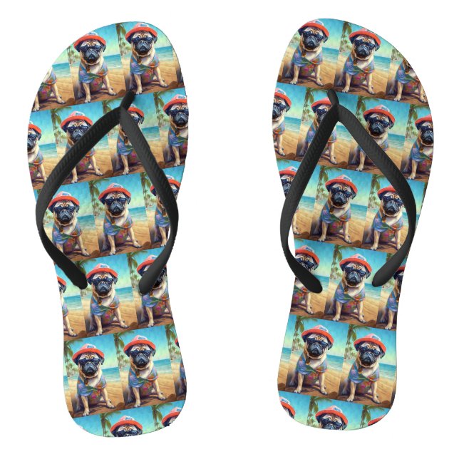 Pug on Beach, summer gift for dog lover  Flip Flops (Footbed)