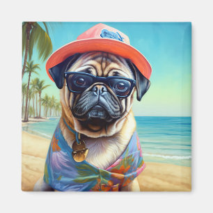 Pug on Beach, summer gift for dog lover Magnet
