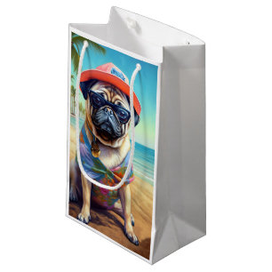 Pug on Beach, summer gift for dog lover  Small Gift Bag