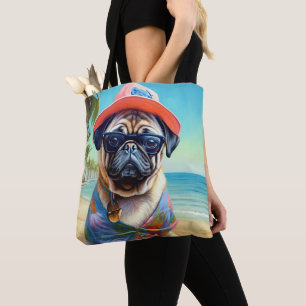 Pug on Beach, summer gift for dog lover  Tote Bag