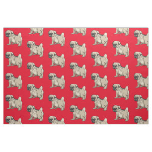 Pug on Bright Red Background Fabric