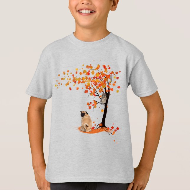 Pug Owl And Fall Tree Pug Owner Funny Pug Autumn T-Shirt (Front)