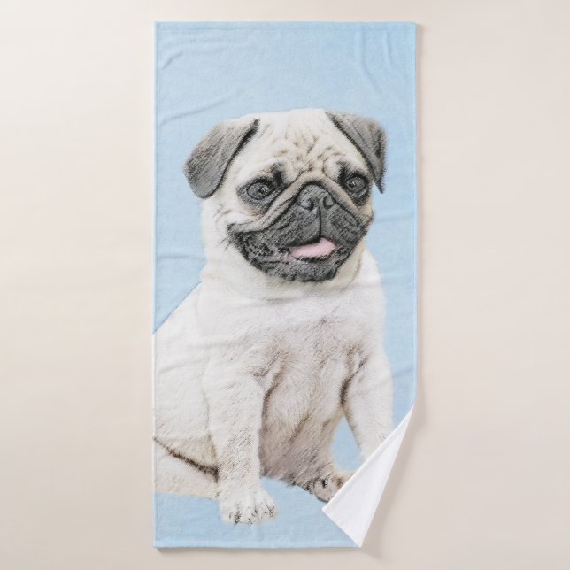 Pug Painting - Cute Original Dog Art Bath Towel Set (Bath Towel)