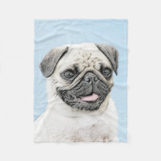 Pug Painting - Cute Original Dog Art Fleece Blanket (Front)