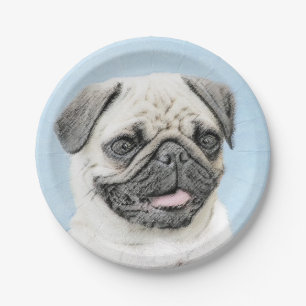 Pug Painting - Cute Original Dog Art Paper Plate