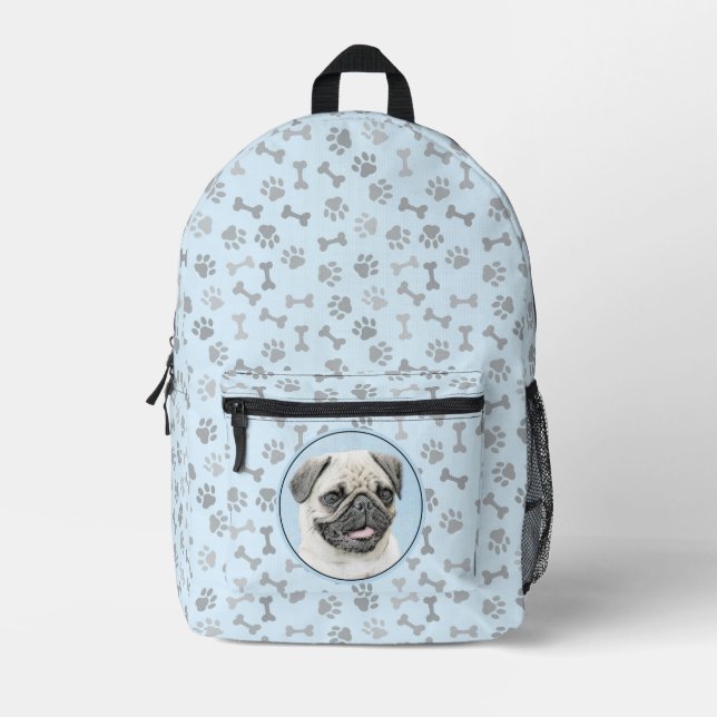 Pug Painting - Cute Original Dog Art Printed Backpack (Front)