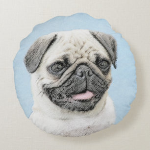 Pug Painting - Cute Original Dog Art Round Pillow