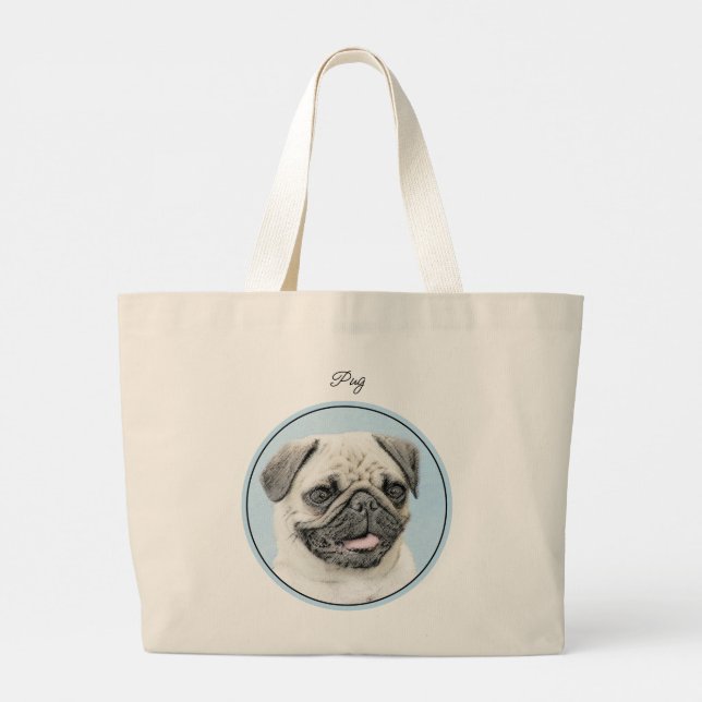 Pug Painting Fawn Silver Cute Original Pet Dog Art Large Tote Bag (Back)