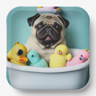 Pug Paradise: A Bathing Beauty in the Tub Paper Plate