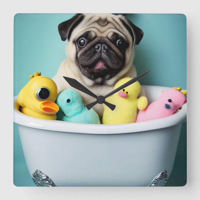 Pug Paradise: A Bathing Beauty in the Tub Square Wall Clock (Front)