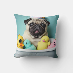Pug Paradise: A Bathing Beauty in the Tub Throw Pillow