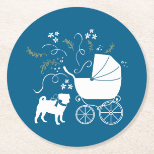 Pug Party Blue Theme Celebration Round Paper Coaster