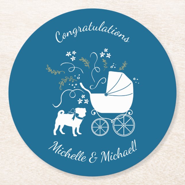 Pug Party Blue Theme Celebration Round Paper Coaster (Front)