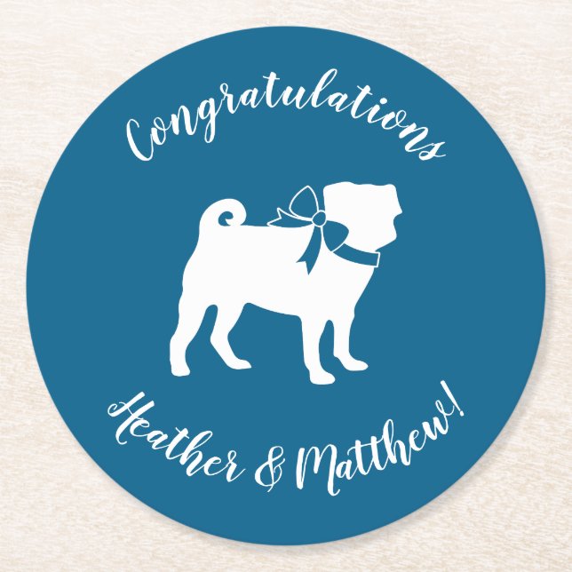 Pug Party Blue Theme Celebration Round Paper Coaster (Front)