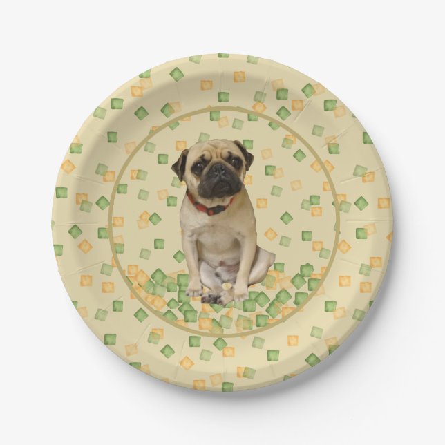 Pug Party in Hand Painted Earth Tones Paper Plate (Front)