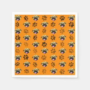Pug Party Paper Napkins Orange Paw Print