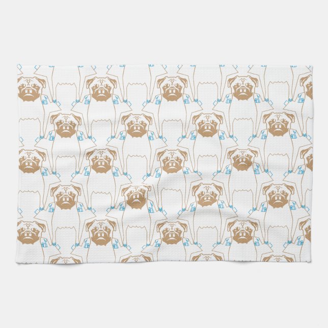 Pug Pattern brown blue Kitchen Towel (Horizontal)