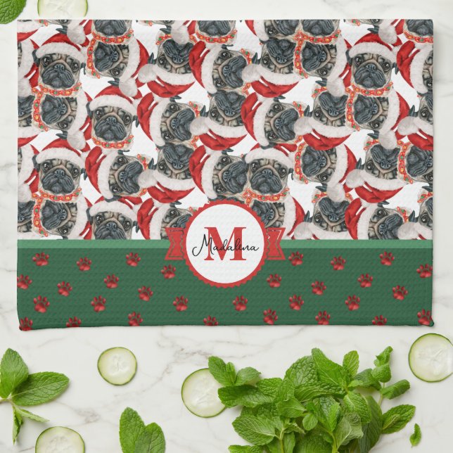 Pug Pattern Monogram Christmas Dog Kitchen Towel (Folded)