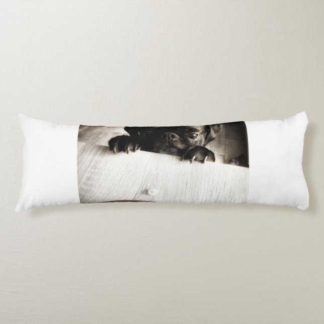 pug peeking in bw body pillow (Front)