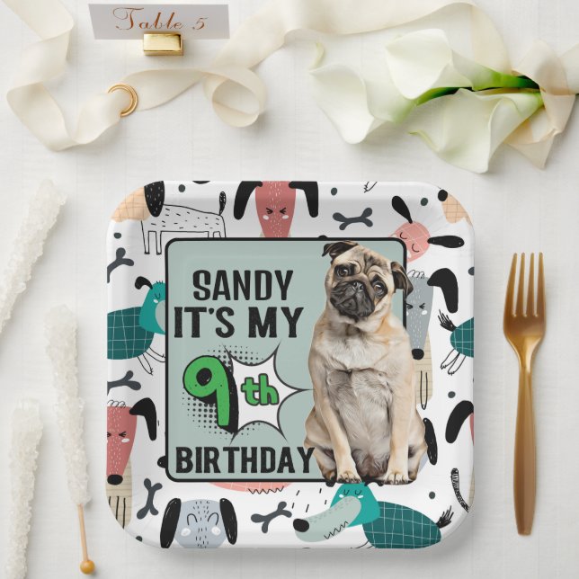 Pug Personalized 9th birthday party  Paper Plate (Wedding)