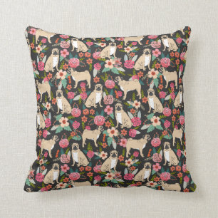 Pug pet portrait custom spring floral pugs throw pillow