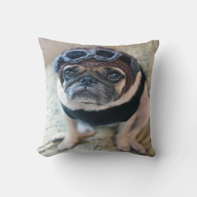 Pug Pilot Throw Pillow (Front)