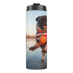 Pug Playing Ball on Beach Thermal Tumbler