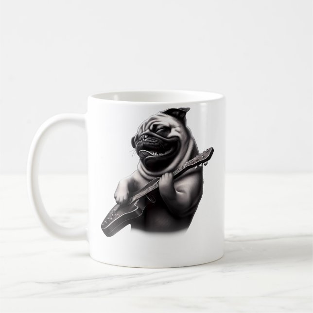 Pug Playing Guitar - Funny Rock Music Guitar Pug Coffee Mug (Left)