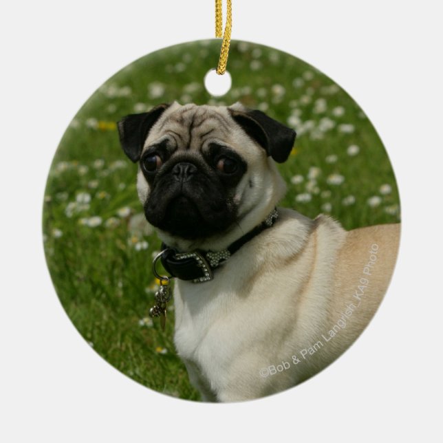 Pug Playing in Flowers Ceramic Ornament (Front)