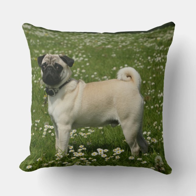 Pug Playing in Flowers Throw Pillow (Front)