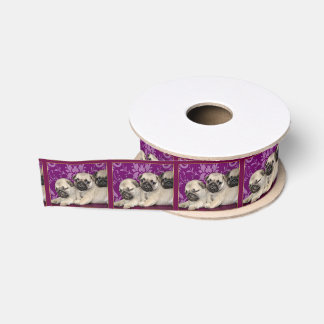 Pug puppies Fuscia 1.5" grosgrain ribbon