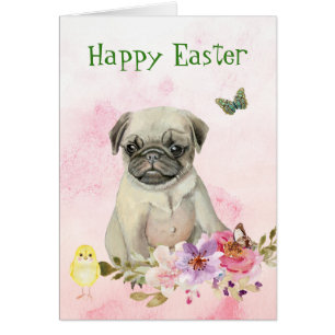 Pug Puppy and Chick Easter Card