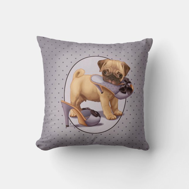 Pug Puppy and Shoe Throw Pillow (Front)