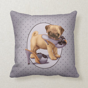 Pug Puppy and Shoe Throw Pillow