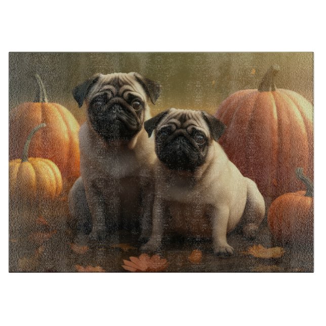 Pug Puppy Autumn Delight Pumpkin Cutting Board (Front)